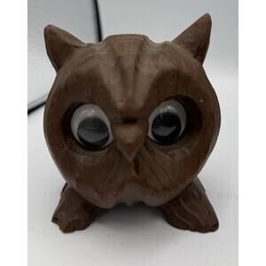 Vintage Hand Carved Wood Owl Figurine Googly Eyes Cryptomeria Kitsch Decor